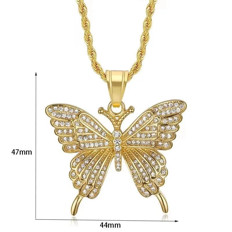 1 Piece 47*44mm 60cm 304 Stainless Steel Rhinestones Gold Plated Butterfly Pendant Chain