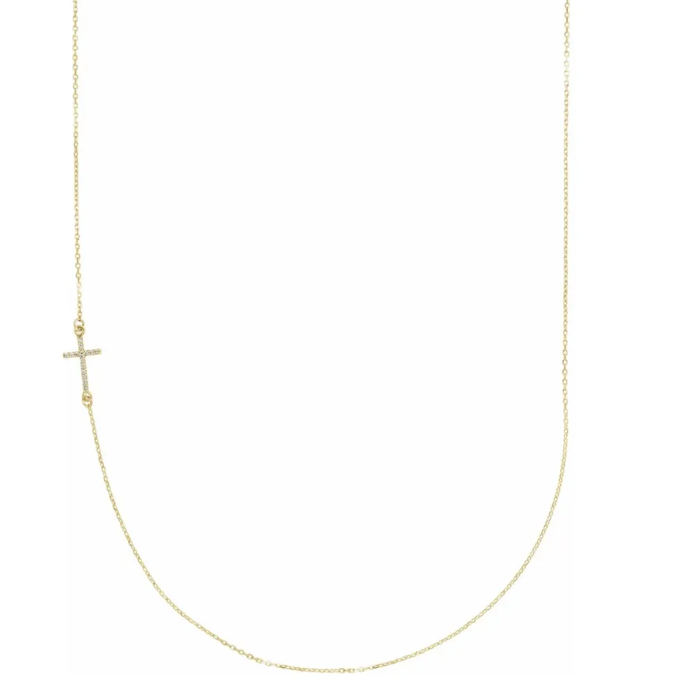 14k Gold .05CTW Diamond Off-Center Sideways Cross 18" Necklace Lab Grown