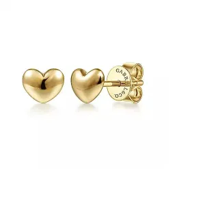 14K Yellow Gold Puff Heart Stud Earrings