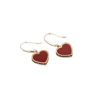 18k Yellow Gold Natural Red Agate Heart Drop Earrings