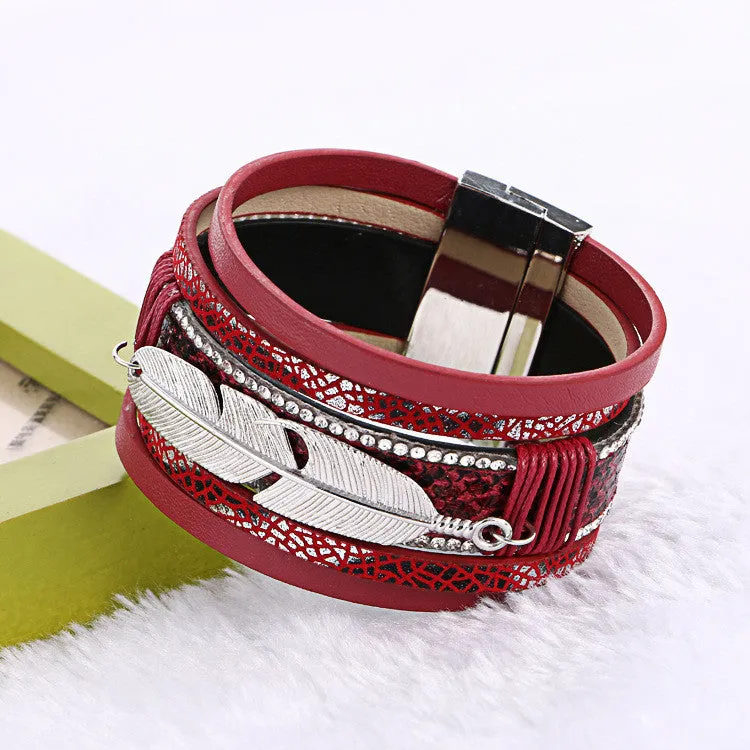 19cm Fashion Handmade Alloy Feather Leaves Multilayer Wide Magnetic  - Free Shipping to N.A.