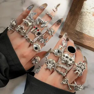 24pcs Gothic Ring Set - Trendy Joker Face & Devil Smile Zinc Alloy Patterns for Daily Outfits & Party Accessories