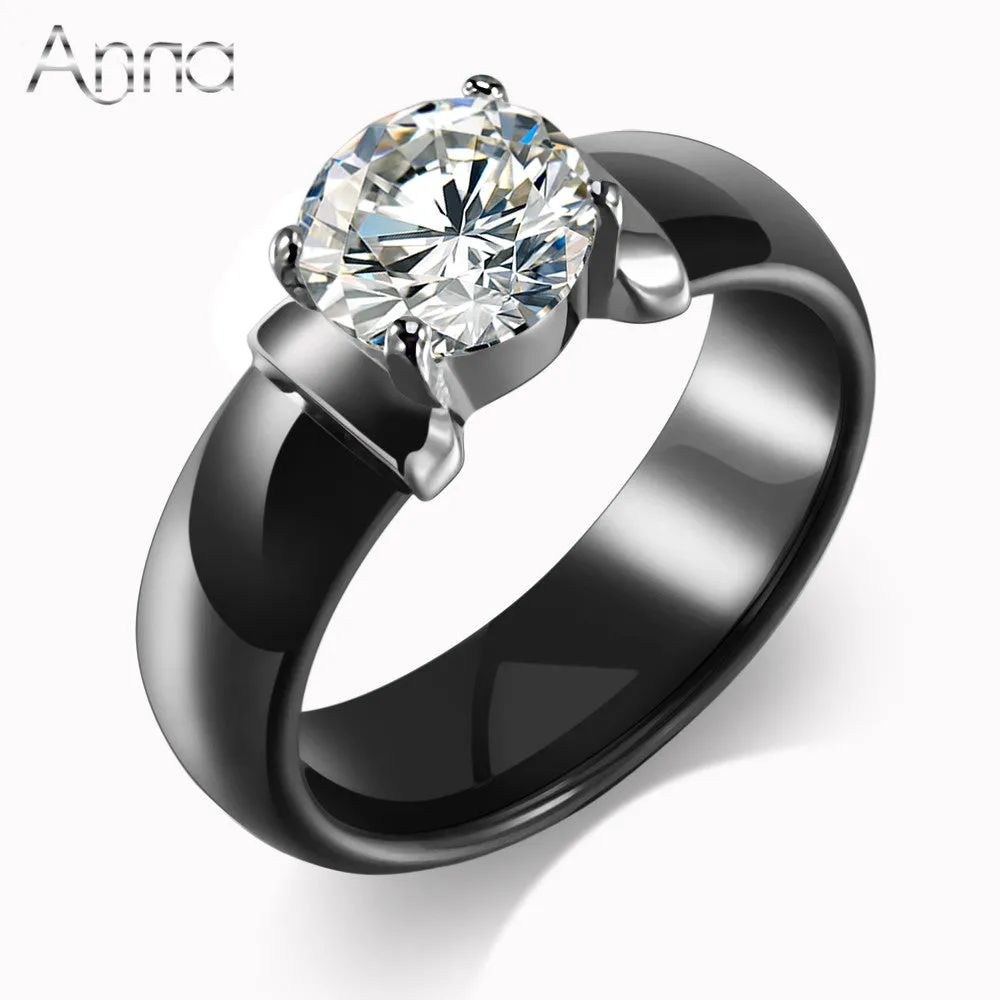 A&N New Arrival Ceramic Rings For Women Huge Zircon Cabochon Setting Black&White Ceramic Wedding Rings Cute Simple Unique Design