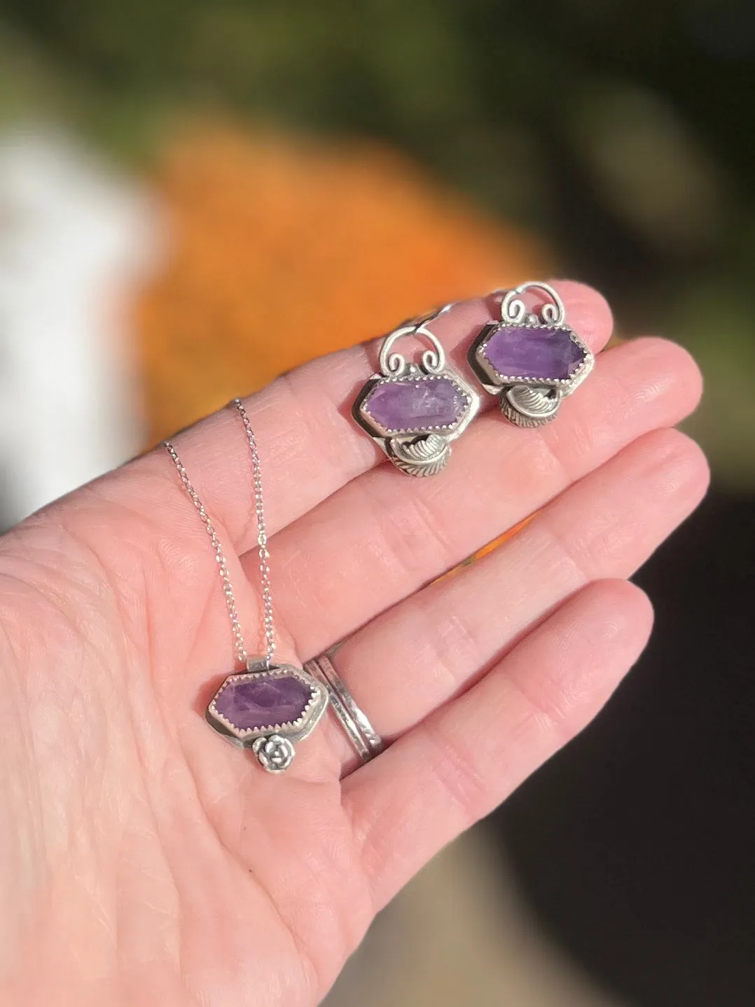 Amethyst Crystal Earrings with Leaves