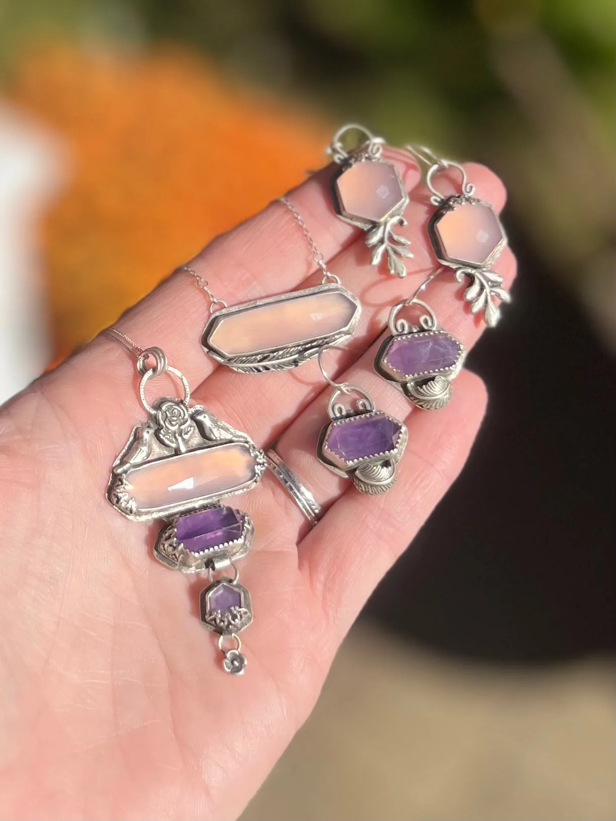 Amethyst Crystal Earrings with Leaves