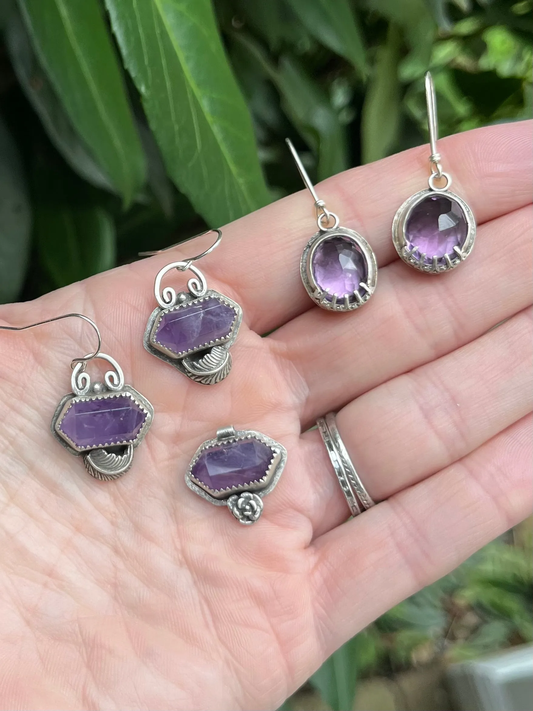 Amethyst Crystal Earrings with Leaves