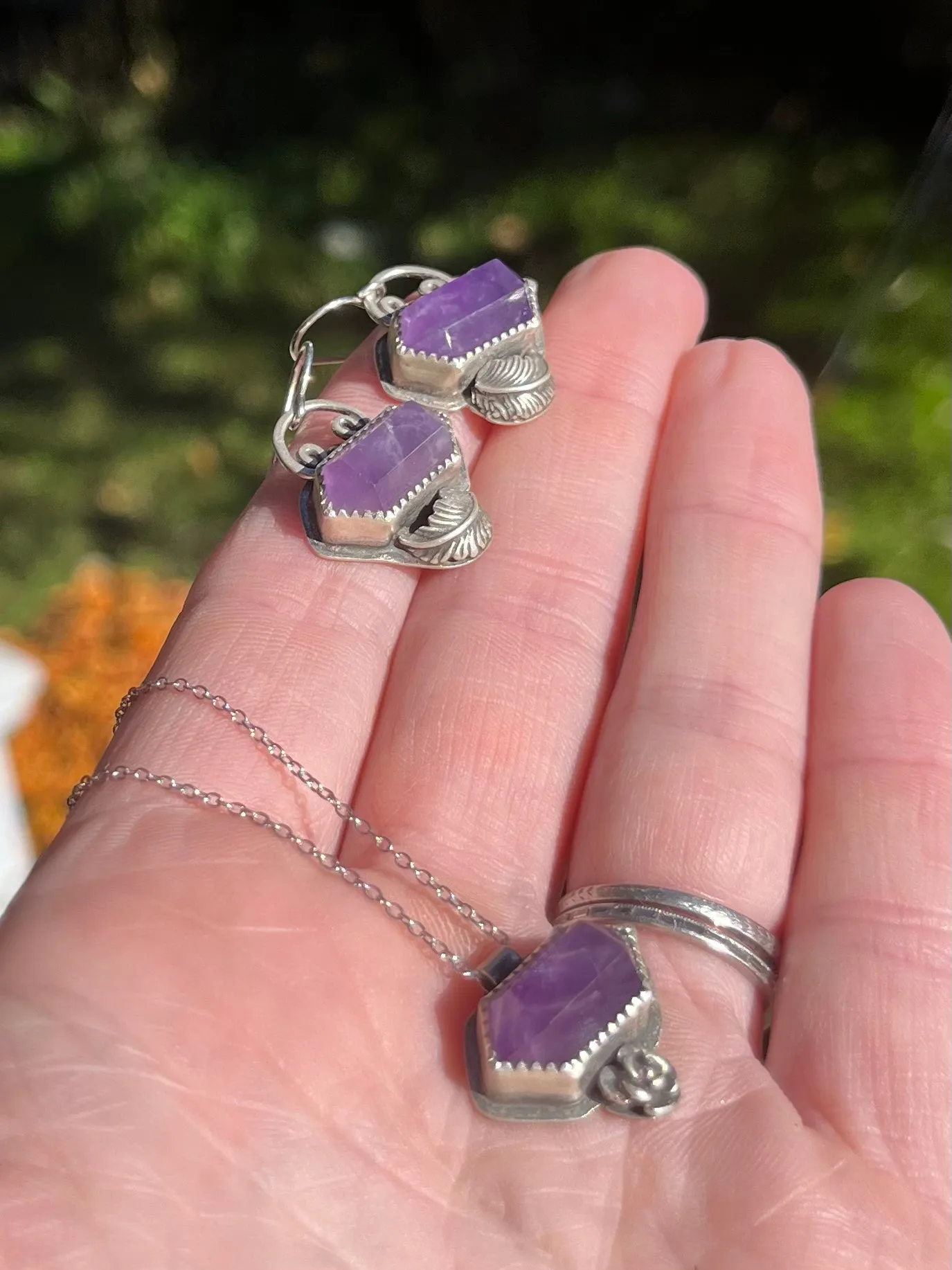 Amethyst Crystal Earrings with Leaves