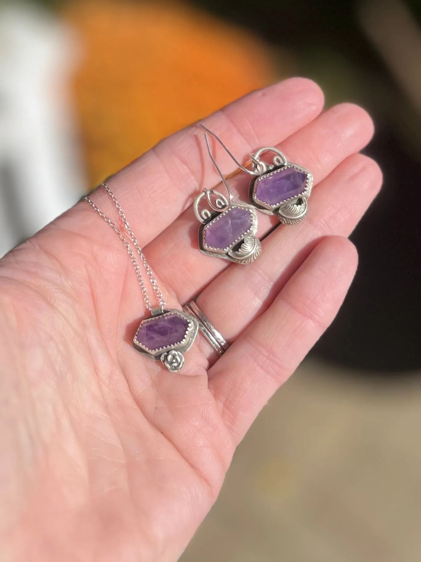 Amethyst Crystal Earrings with Leaves