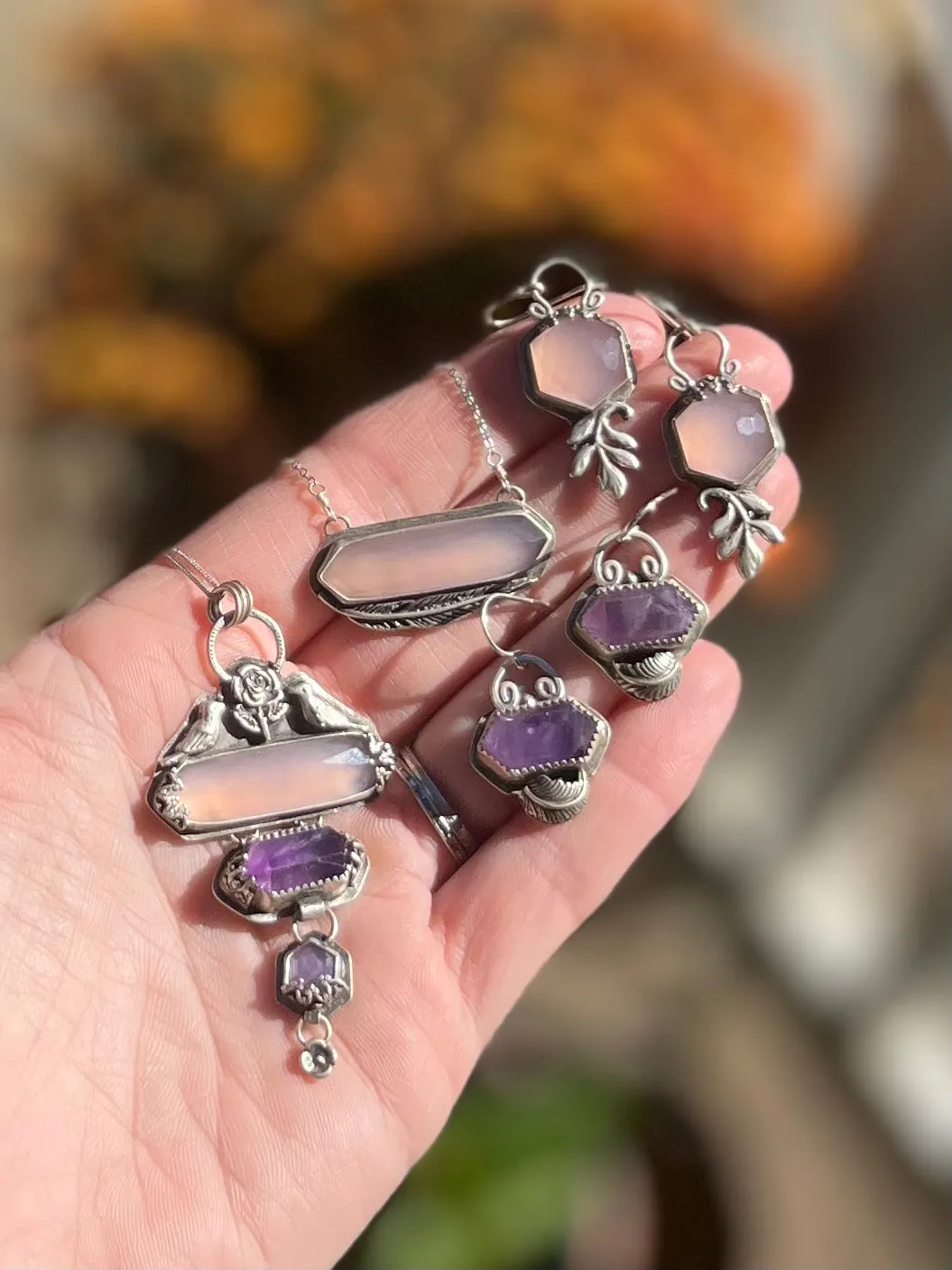 Amethyst Crystal Earrings with Leaves