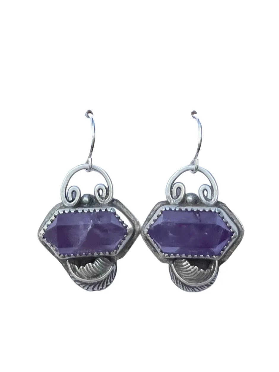 Amethyst Crystal Earrings with Leaves