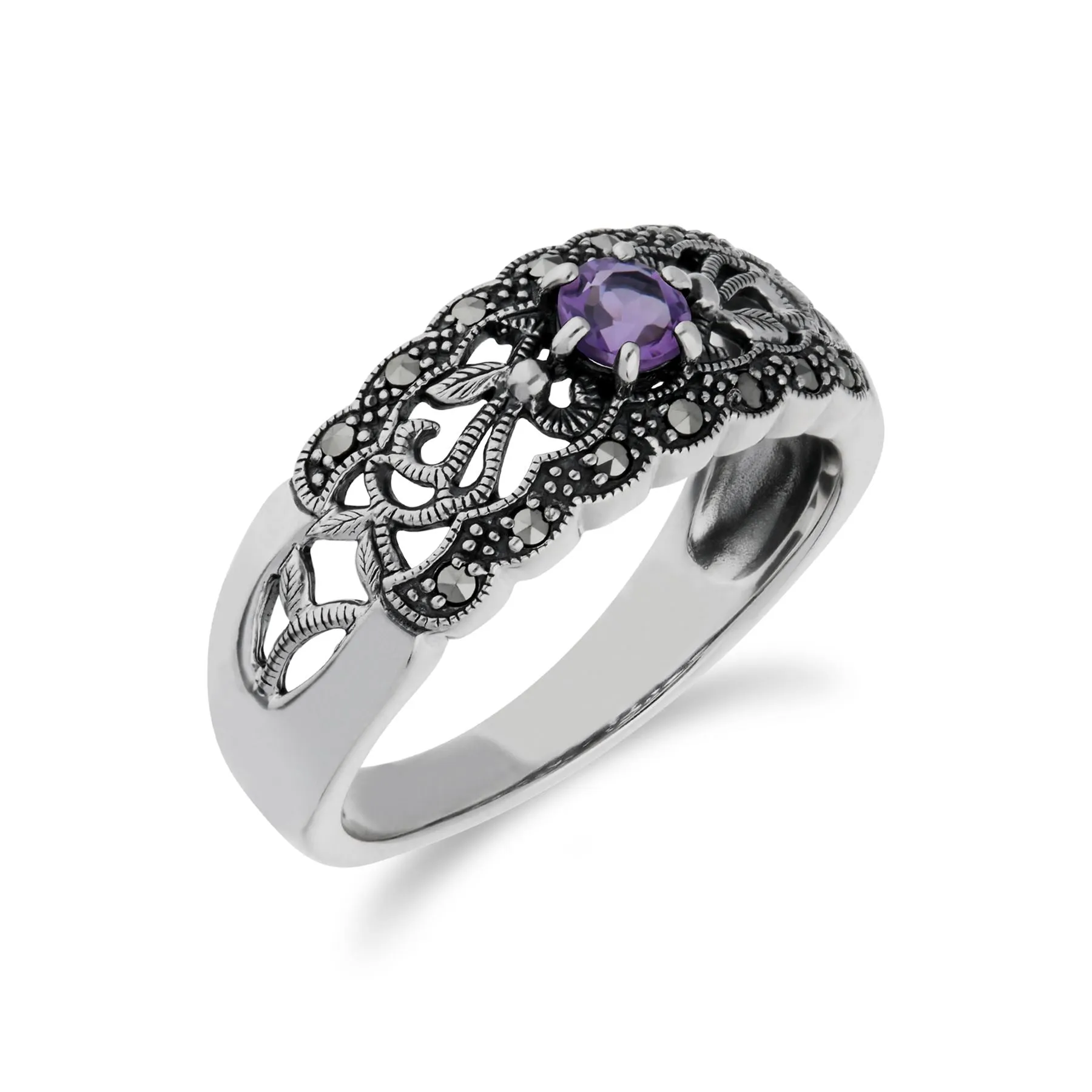 Amethyst-Ring, Sterlingsilber Amethyst & Markasit Simple Jugendstil Ring - Amethyst