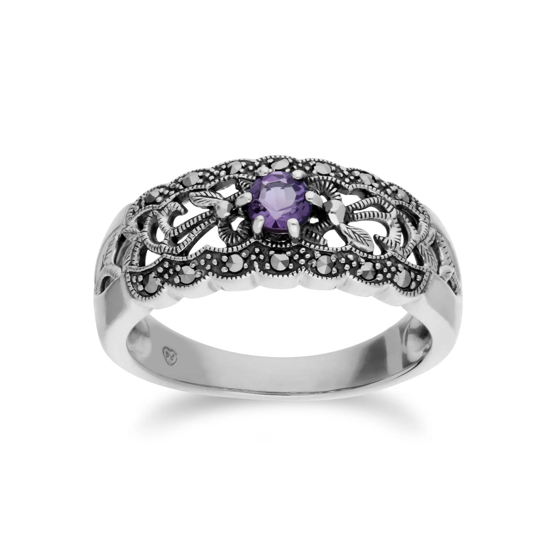 Amethyst-Ring, Sterlingsilber Amethyst & Markasit Simple Jugendstil Ring - Amethyst