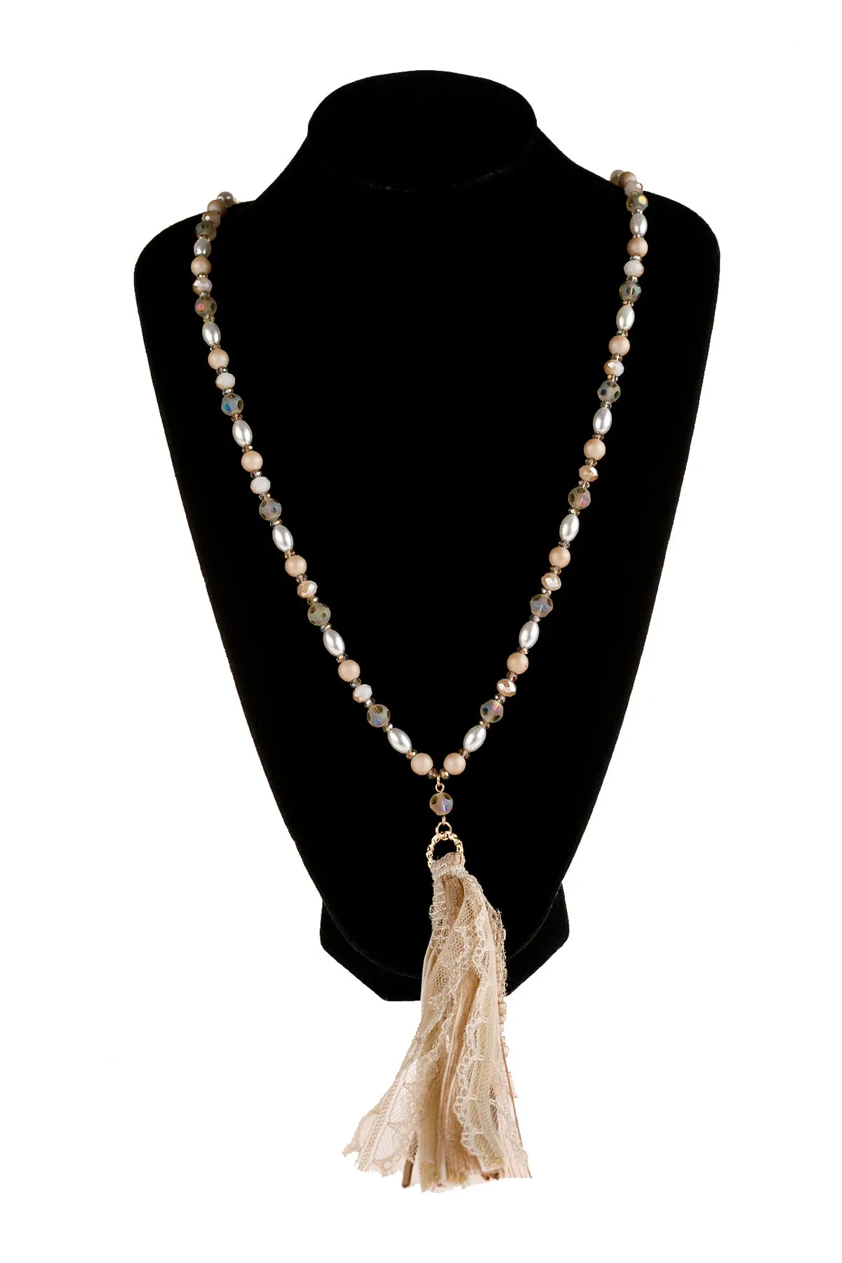 BEIGE BEADED TASSEL NECKLACE