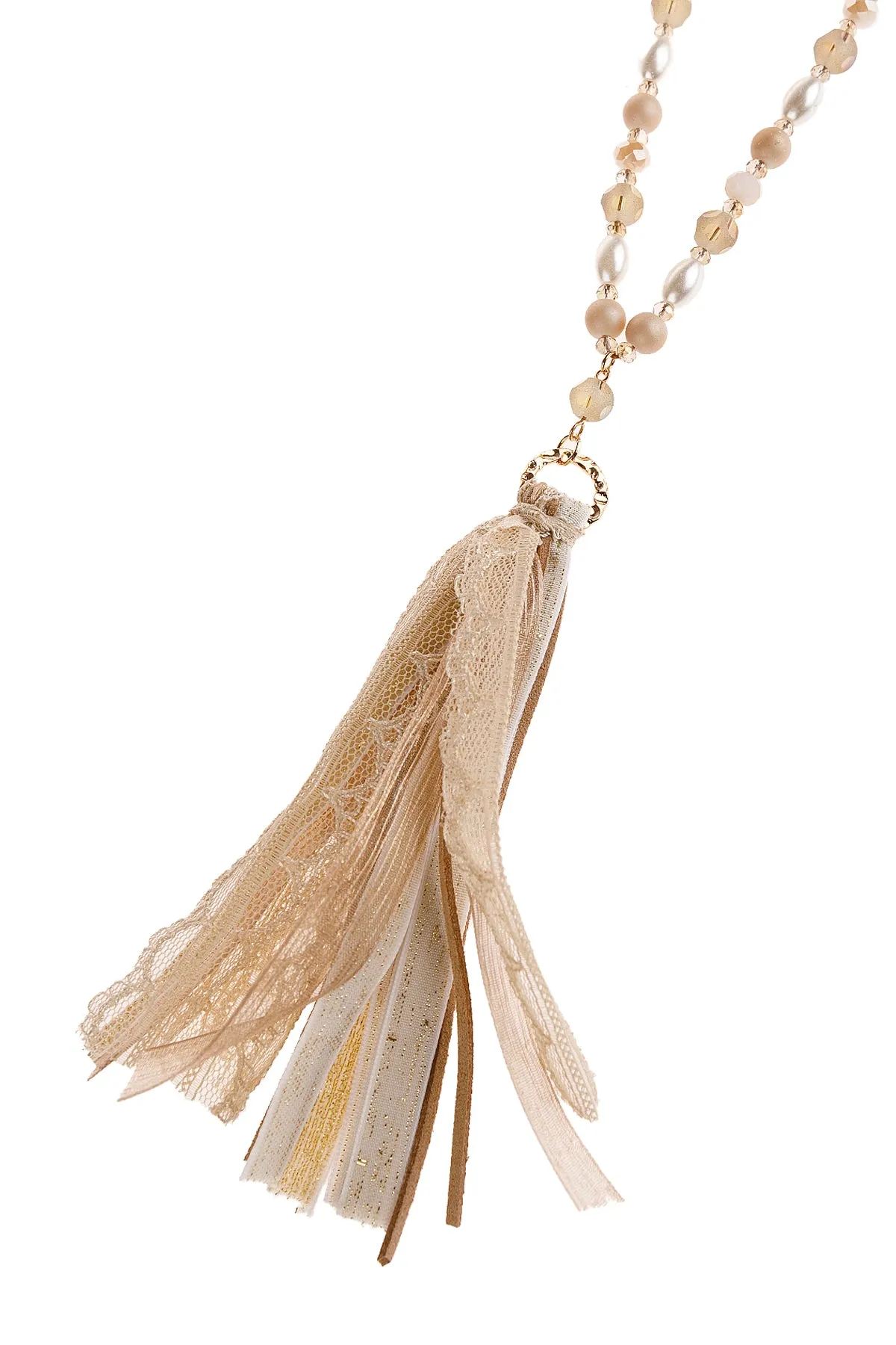 BEIGE BEADED TASSEL NECKLACE