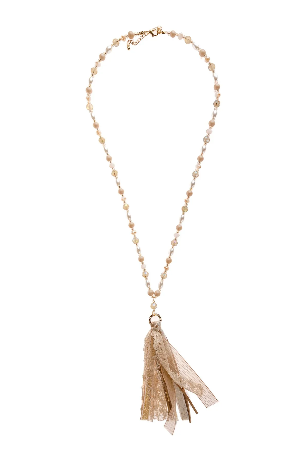 BEIGE BEADED TASSEL NECKLACE