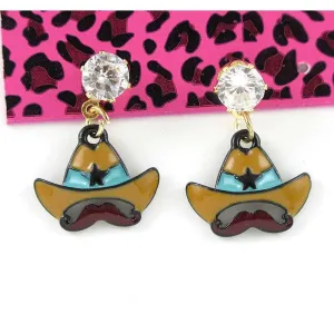 Betsey Johnson Cowboy Hat Mustache Clear Rhinestone Earrings