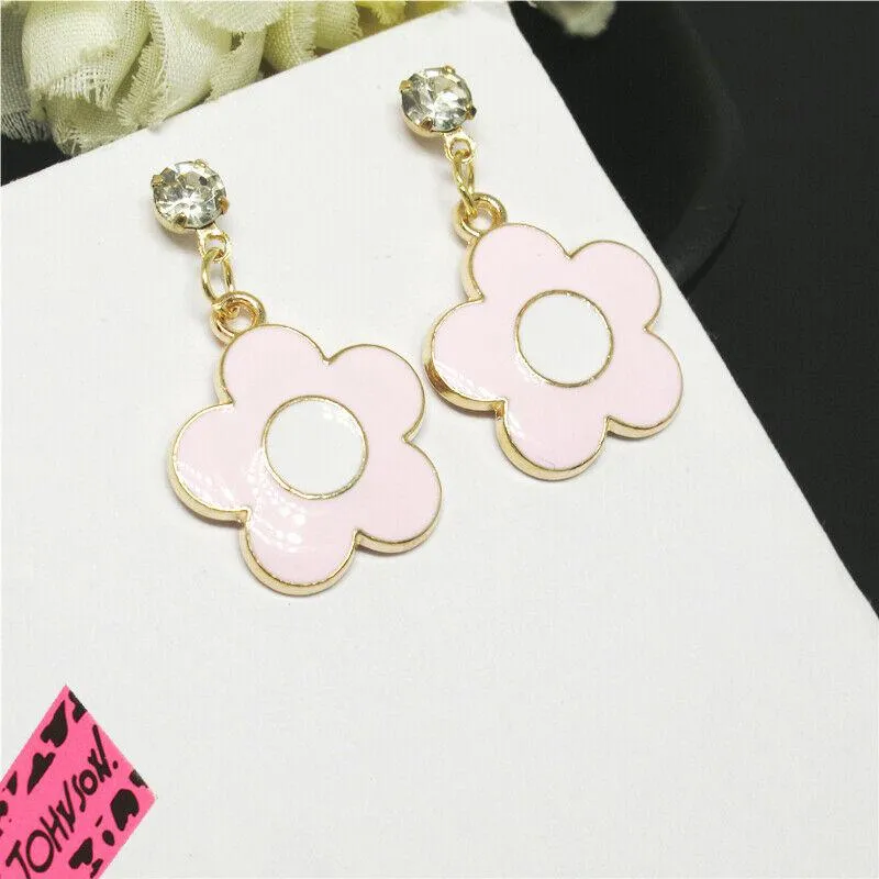 Betsey Johnson Flower Pink Enamel Rhinestone Earrings