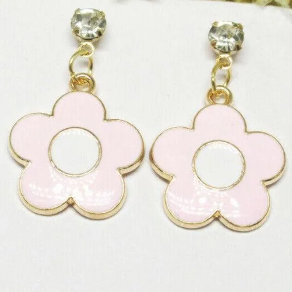 Betsey Johnson Flower Pink Enamel Rhinestone Earrings