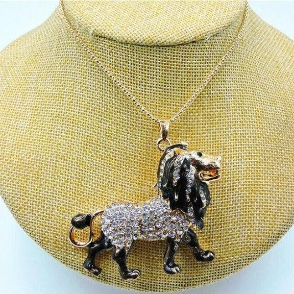 Betsey Johnson Lion Black Enamel Rhinestone Gold Necklace