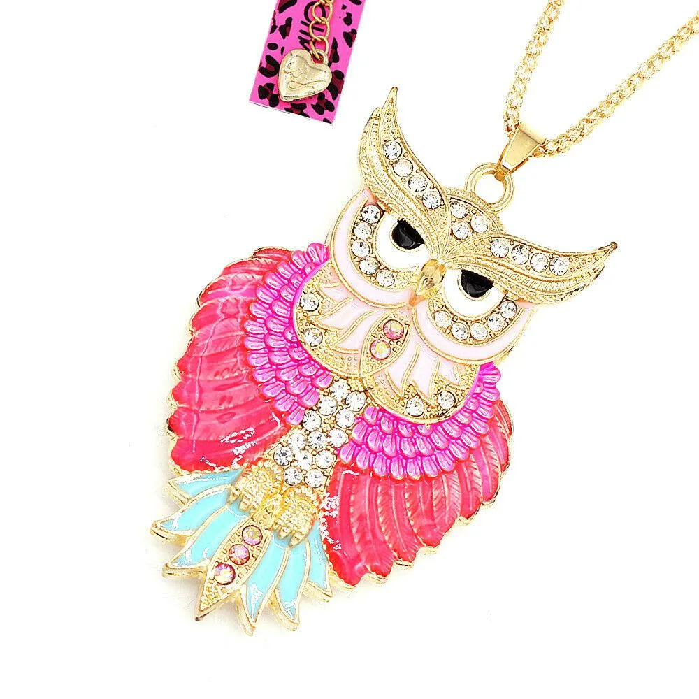 Betsey Johnson Owl Pink Enamel Crystal Eyes Gold Necklace