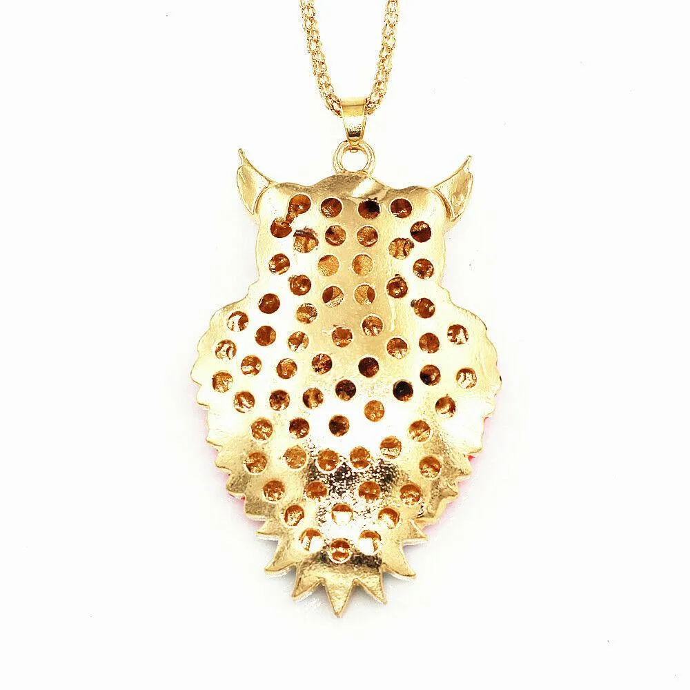 Betsey Johnson Owl Pink Enamel Crystal Eyes Gold Necklace