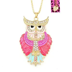 Betsey Johnson Owl Pink Enamel Crystal Eyes Gold Necklace