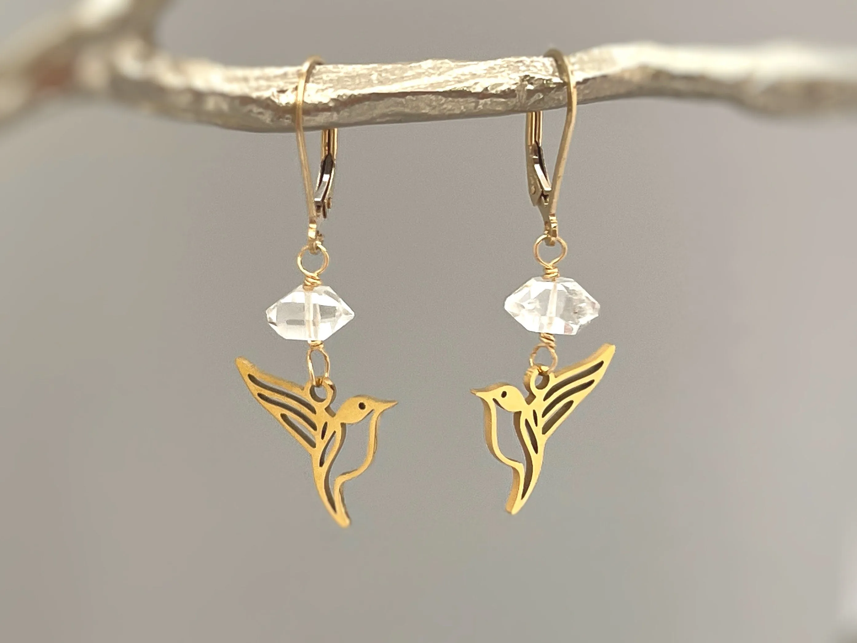 Bird Earrings dangle gold Herkimer Diamond hummingbird Jewelry