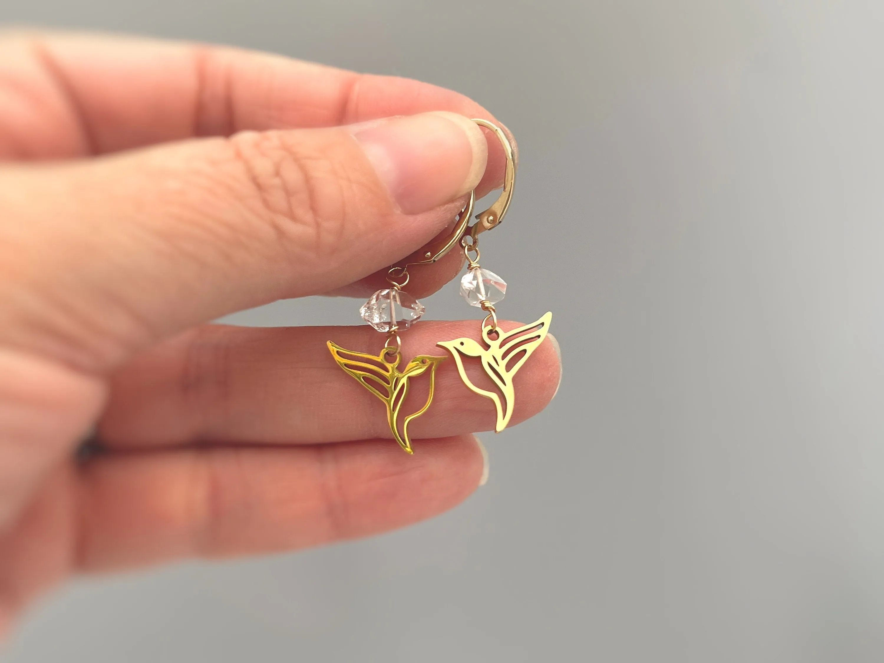 Bird Earrings dangle gold Herkimer Diamond hummingbird Jewelry