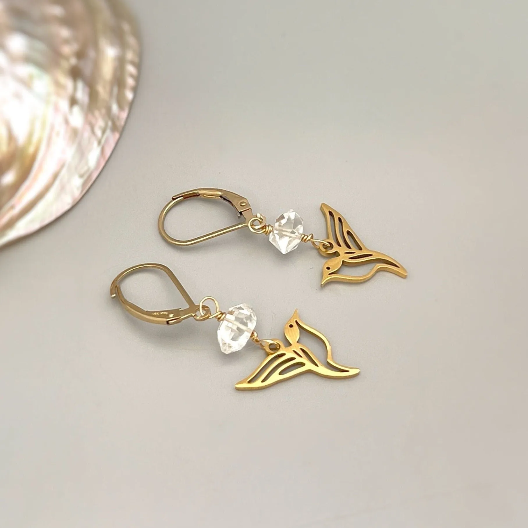 Bird Earrings dangle gold Herkimer Diamond hummingbird Jewelry