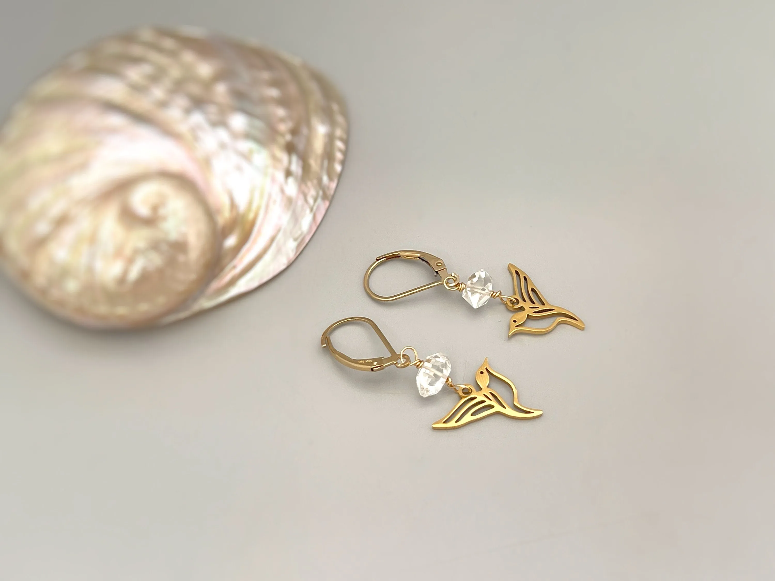 Bird Earrings dangle gold Herkimer Diamond hummingbird Jewelry