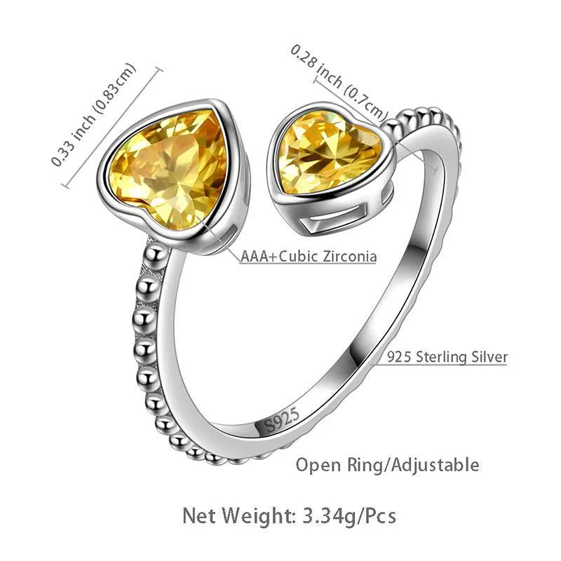 Birthstone November Citrine Love Hearts Ring Jewelry Women Girls Birthday Gift