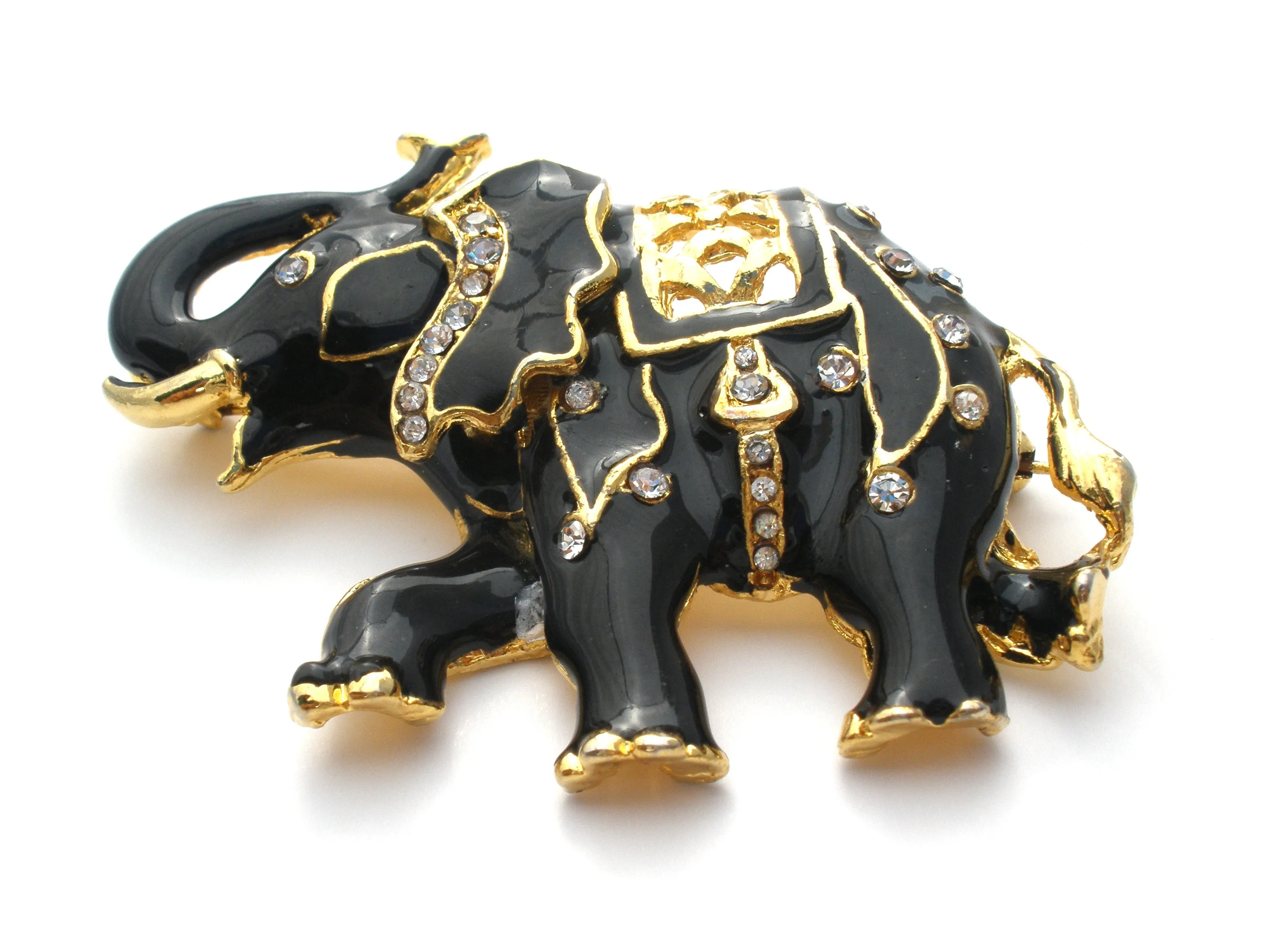 Black Enamel Elephant With Rhinestones Vintage Pin