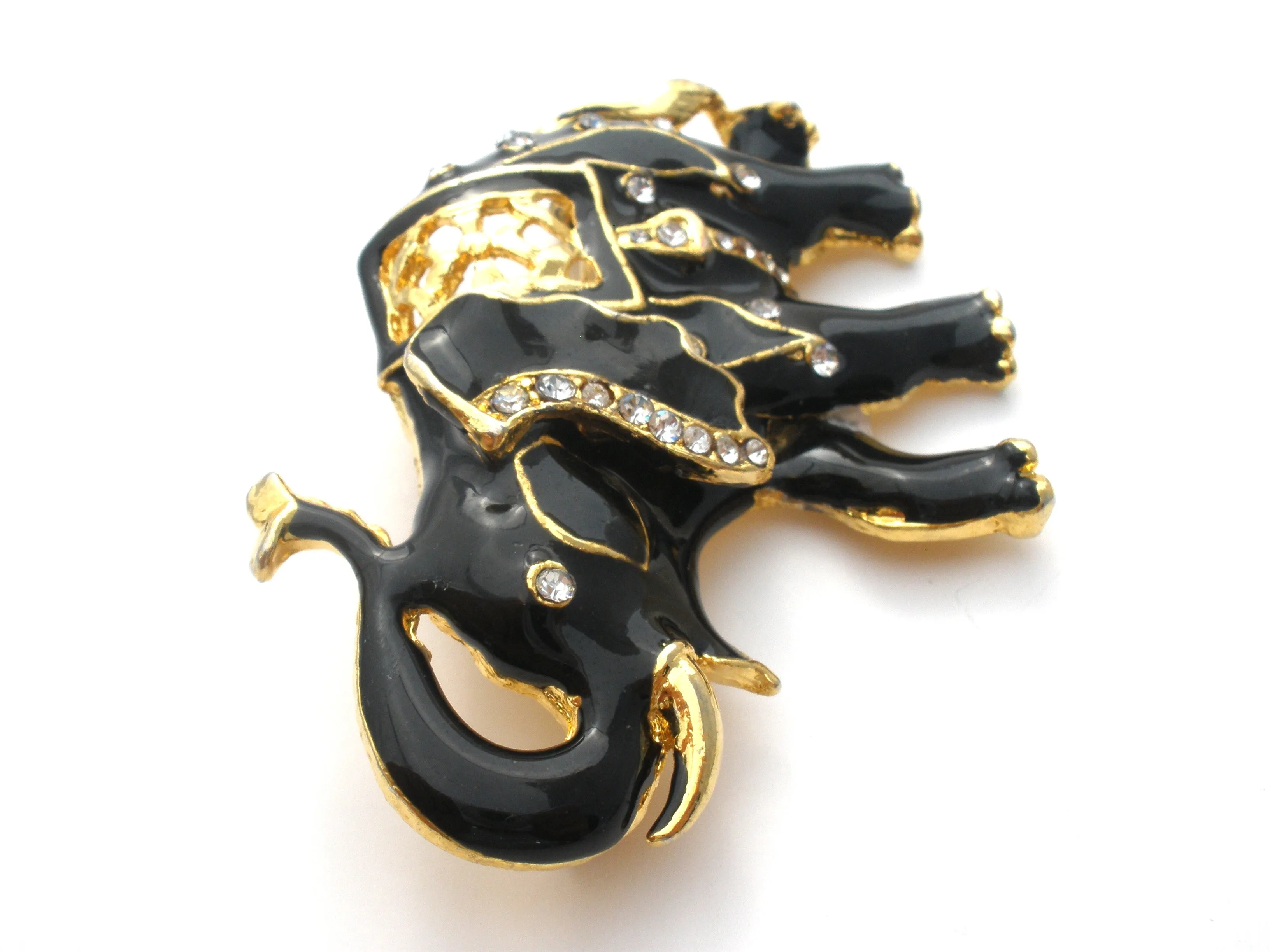 Black Enamel Elephant With Rhinestones Vintage Pin