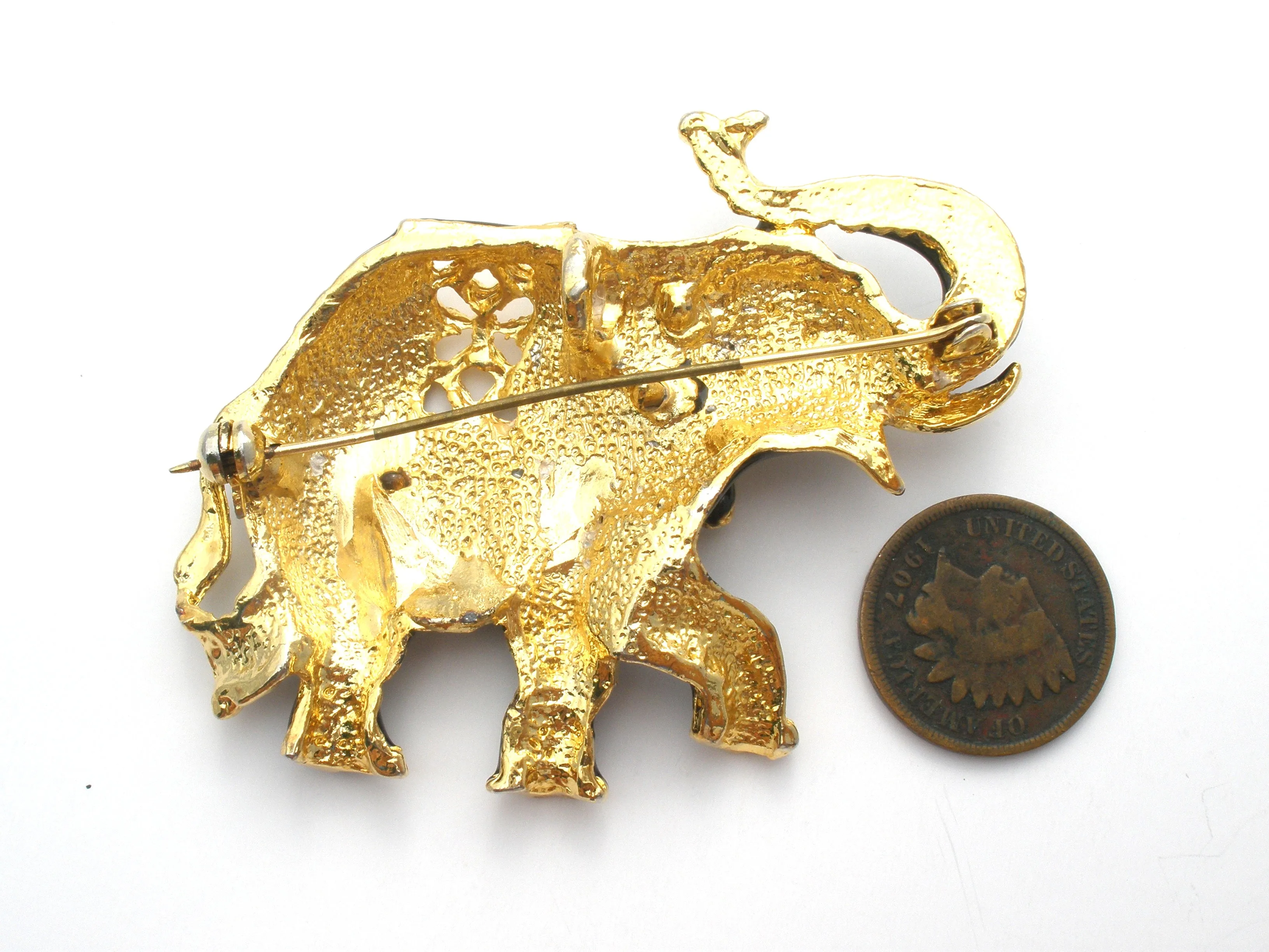 Black Enamel Elephant With Rhinestones Vintage Pin