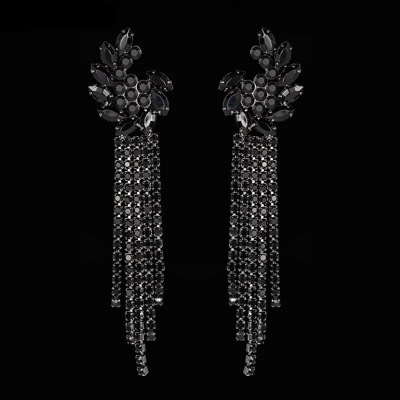 Black Rhinestone Crystal Tassel Earrings for Women Crystal Ear Flower