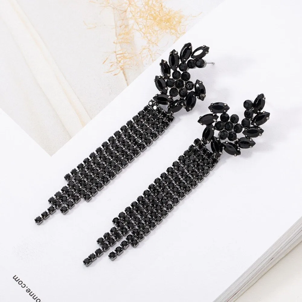 Black Rhinestone Crystal Tassel Earrings for Women Crystal Ear Flower