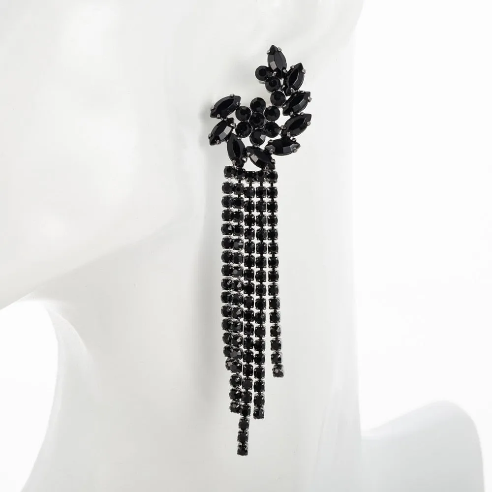 Black Rhinestone Crystal Tassel Earrings for Women Crystal Ear Flower