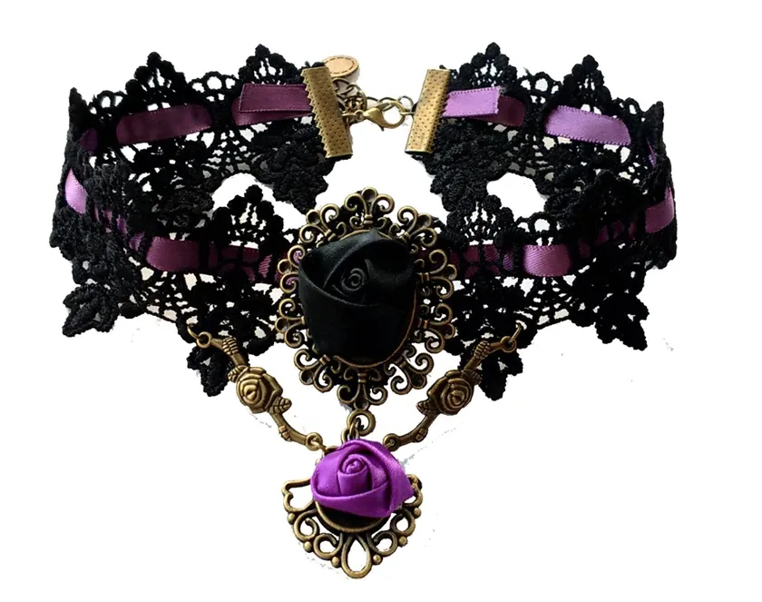 Black/Purple Vintage Style Floral Choker