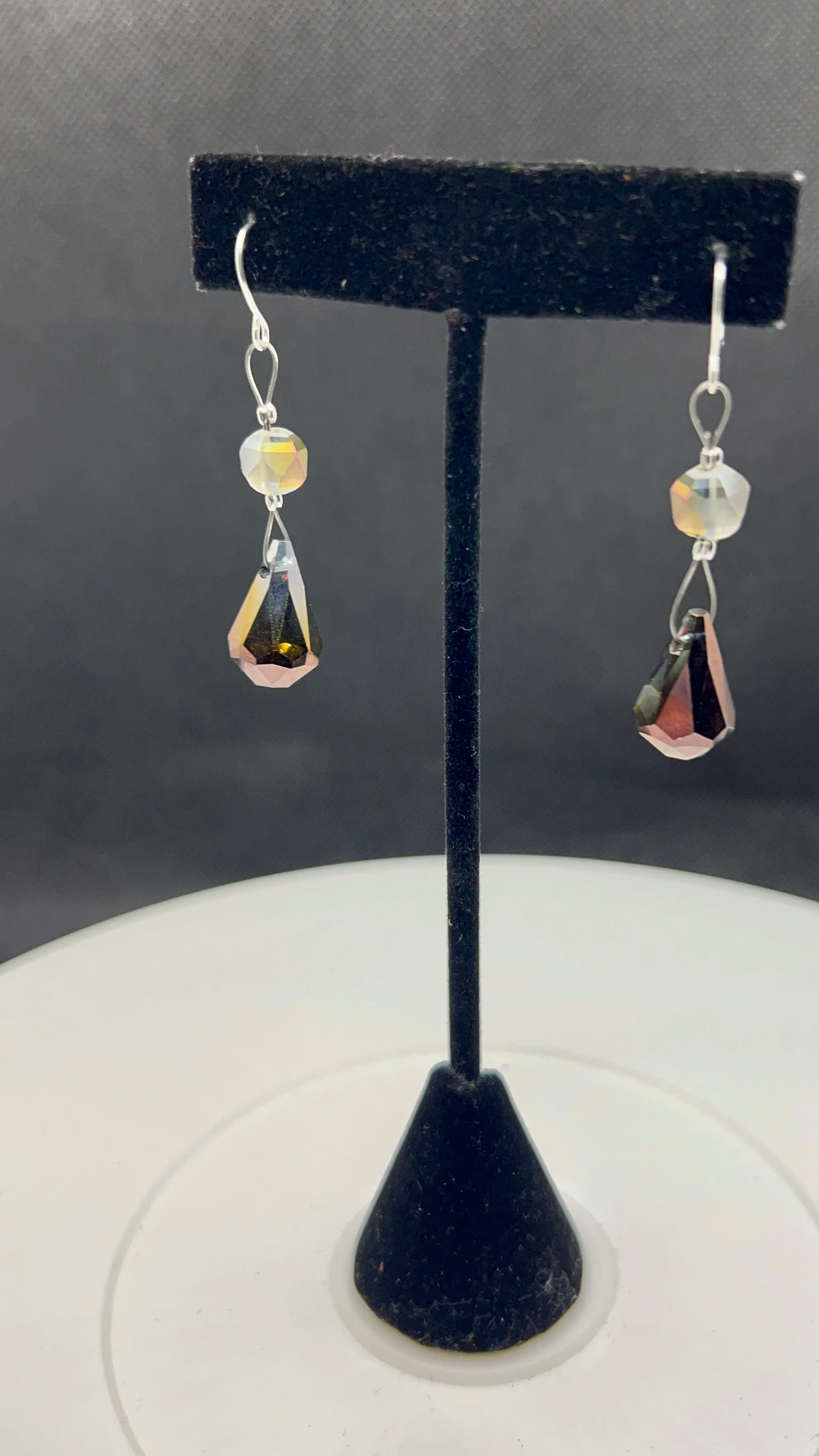 Bronze Teardrop Crystal with Grayish-Silver Crystal Earrings