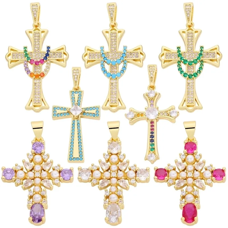 Classic Style Streetwear Cross Copper Plating Inlay Zircon 18k Gold Plated Charms