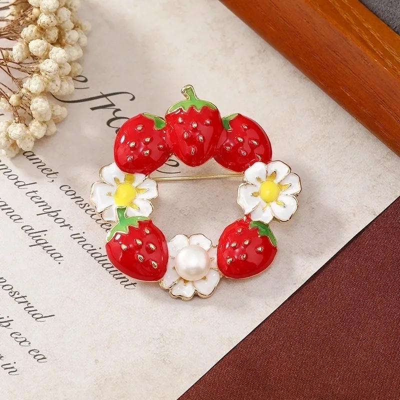 Cute Pin Strawberry Alloy Enamel Inlay Pearl Women'S Brooches