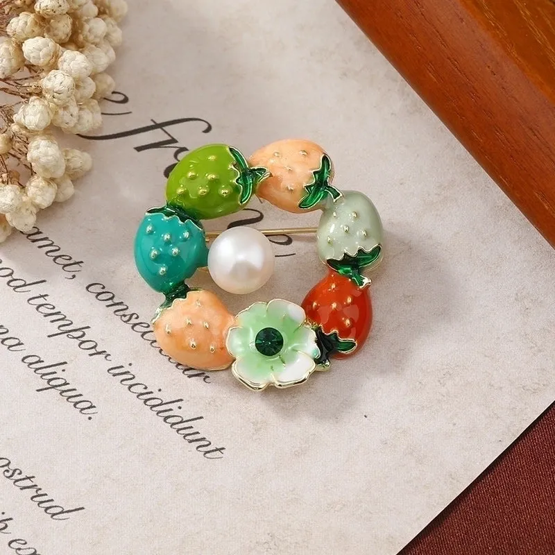 Cute Pin Strawberry Alloy Enamel Inlay Pearl Women'S Brooches