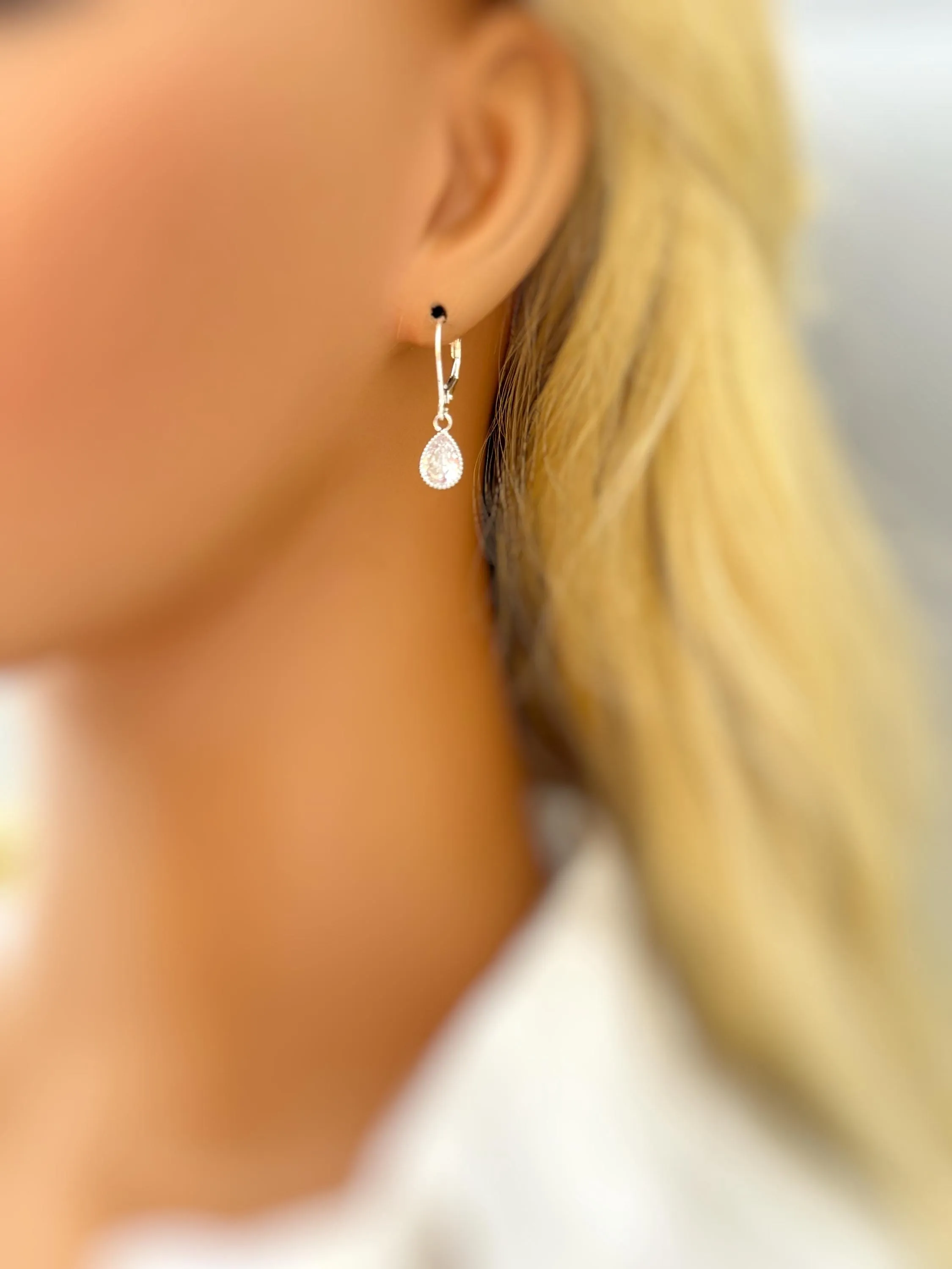 Dainty Tear Drop Crystal Earrings dangle silver, 14k gold