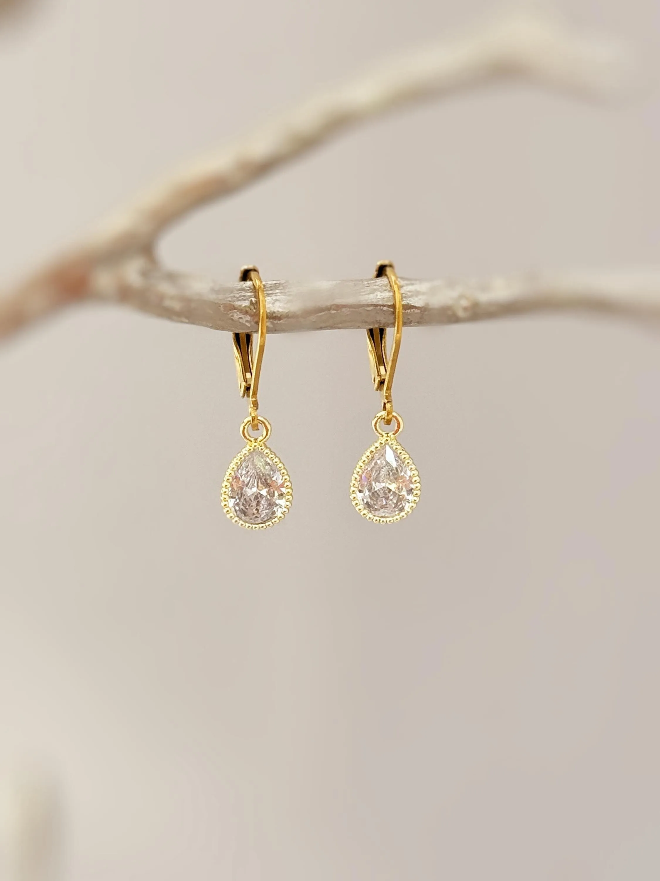 Dainty Tear Drop Crystal Earrings dangle silver, 14k gold