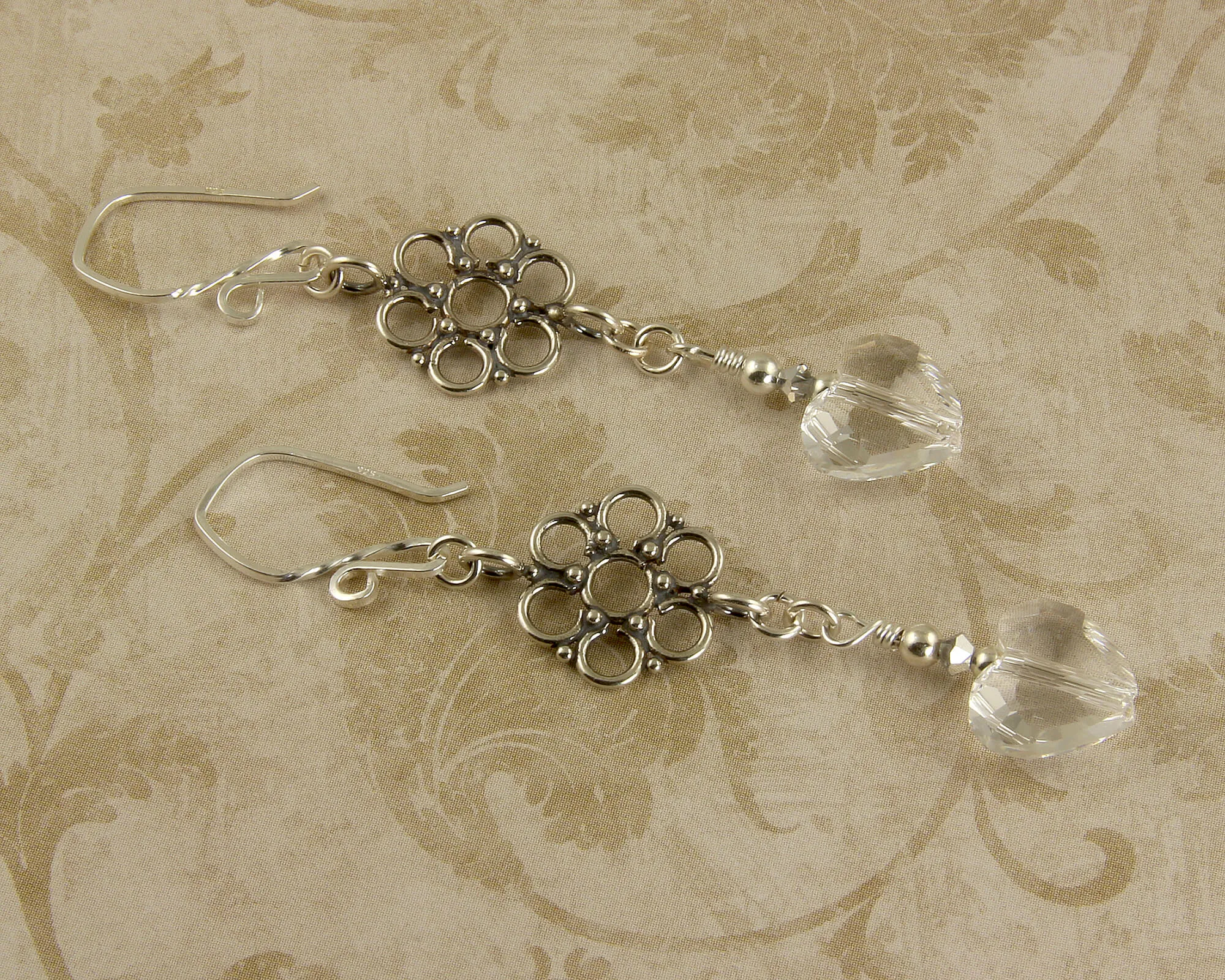 Fancy Swarovski Heart Crystal Earrings, Sterling Silver