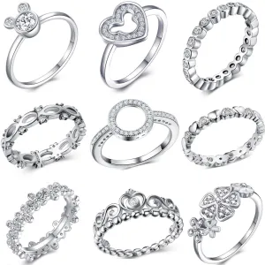 Fashion Crystal Silver Color Ring For Women Flower Love Heart Crown Finger Rings Cocktail Part Brand Ring Jewelry