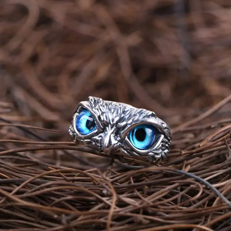 Fashion Vintage Owl Brass Rings Personality Animal Blue Eyes Open Ring For Trendy Men Jewelry