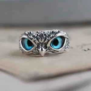 Fashion Vintage Owl Brass Rings Personality Animal Blue Eyes Open Ring For Trendy Men Jewelry