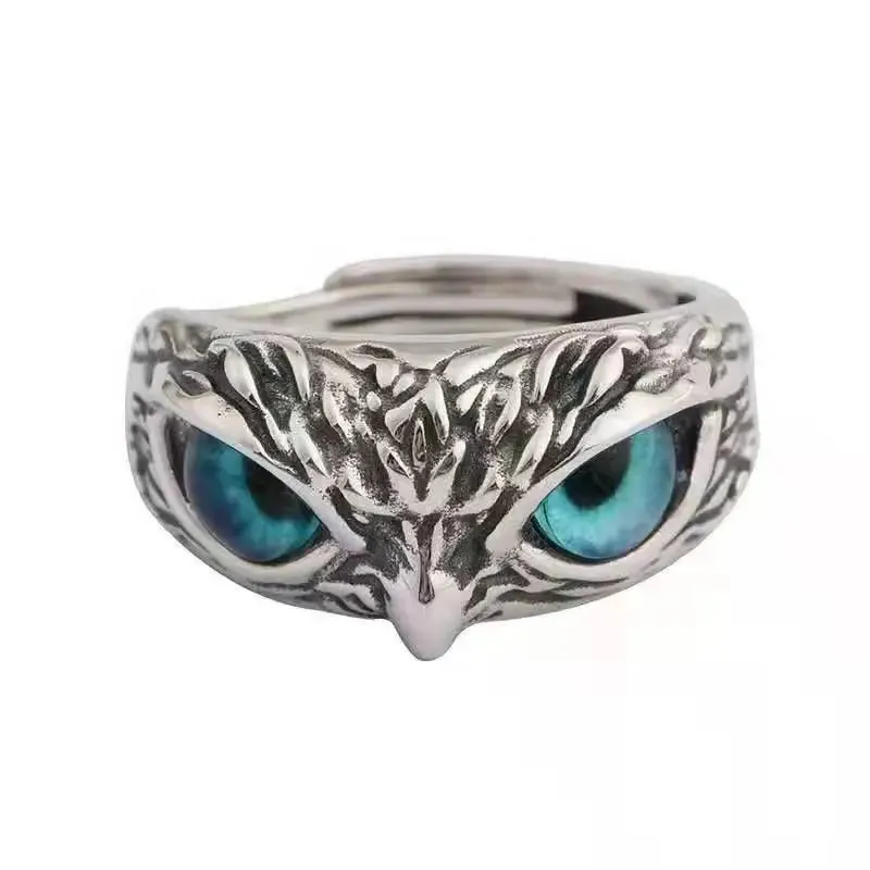 Fashion Vintage Owl Brass Rings Personality Animal Blue Eyes Open Ring For Trendy Men Jewelry