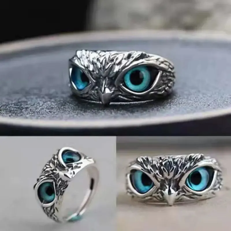 Fashion Vintage Owl Brass Rings Personality Animal Blue Eyes Open Ring For Trendy Men Jewelry